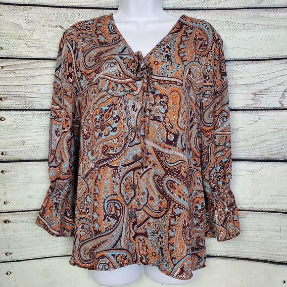 Cato Women’s Paisley Print Tie Neck Blouse L Boho Chic Long Sleeve Button Front - Picture 1 of 7
